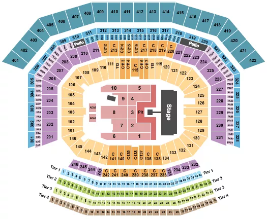 AC/DC Seating Chart at Levi's Stadium. The chart shows the main floor/stage with seating options surrounding it, which are color coded