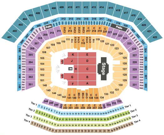 Billy Joel Seating Chart at Levi's Stadium. The chart shows the main floor/stage with seating options surrounding it, which are color coded