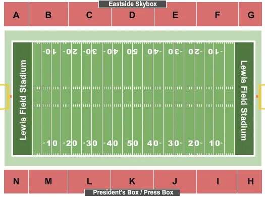 Football Seating Chart at Lewis Field Stadium. The chart shows the main floor/stage with seating options surrounding it, which are color coded