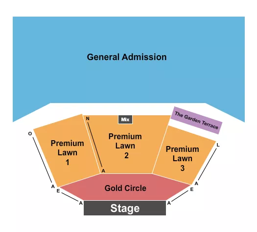 GC/Prem/Lawn/Garden Seating Chart at Lewis Ginter Botanical Garden. The chart shows the main floor/stage with seating options surrounding it, which are color coded