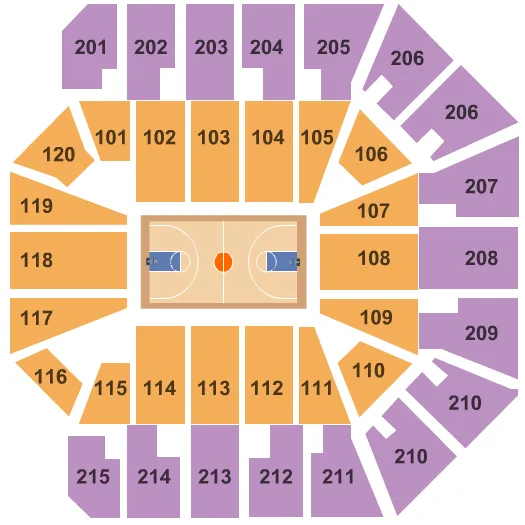 Basketball 1 Seating Chart at Liacouras Center. The chart shows the main floor/stage with seating options surrounding it, which are color coded