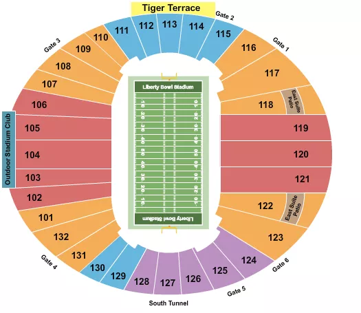 Football 2 Seating Chart at Simmons Bank Liberty Stadium. The chart shows the main floor/stage with seating options surrounding it, which are color coded