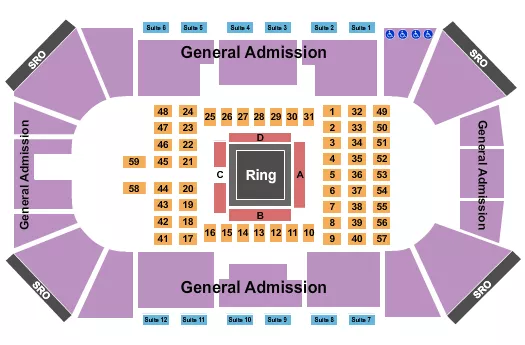 Dynasty Combat Sports Seating Chart at Liberty First Credit Union Arena. The chart shows the main floor/stage with seating options surrounding it, which are color coded