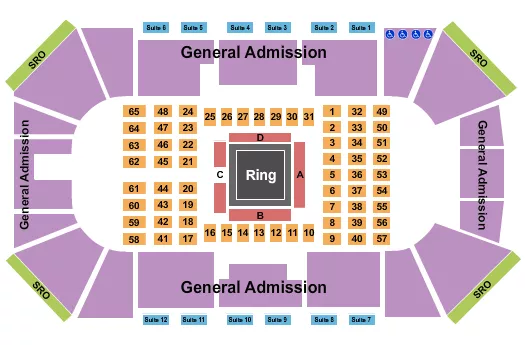 Dynasty Combat Seating Chart at Liberty First Credit Union Arena. The chart shows the main floor/stage with seating options surrounding it, which are color coded