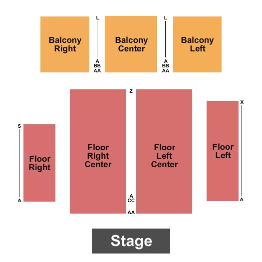 Endstage Seating Chart at Lightsey Chapel Auditorium at Charleston Southern University. The chart shows the main floor/stage with seating options surrounding it, which are color coded