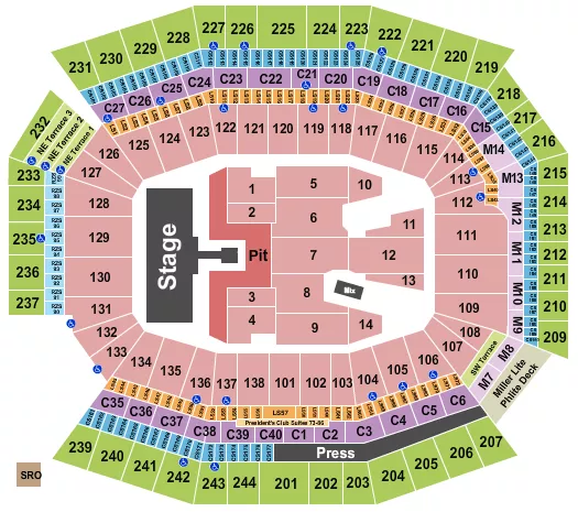 AC/DC Seating Chart at Lincoln Financial Field. The chart shows the main floor/stage with seating options surrounding it, which are color coded