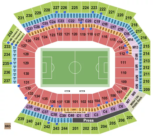 Club World Cup Seating Chart at Lincoln Financial Field. The chart shows the main floor/stage with seating options surrounding it, which are color coded