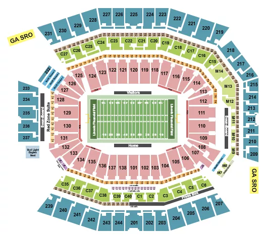 Football RW Seating Chart at Lincoln Financial Field. The chart shows the main floor/stage with seating options surrounding it, which are color coded