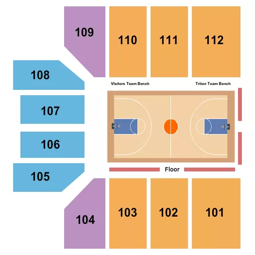 Basketball Seating Chart at LionTree Arena. The chart shows the main floor/stage with seating options surrounding it, which are color coded