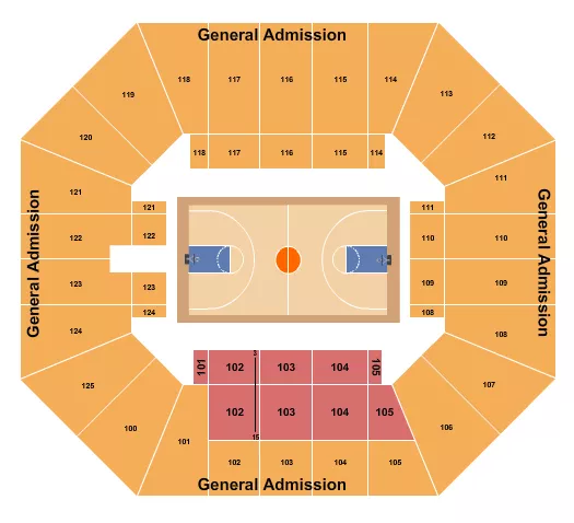 Basketball Seating Chart at Liston Ramsey Activity Center. The chart shows the main floor/stage with seating options surrounding it, which are color coded