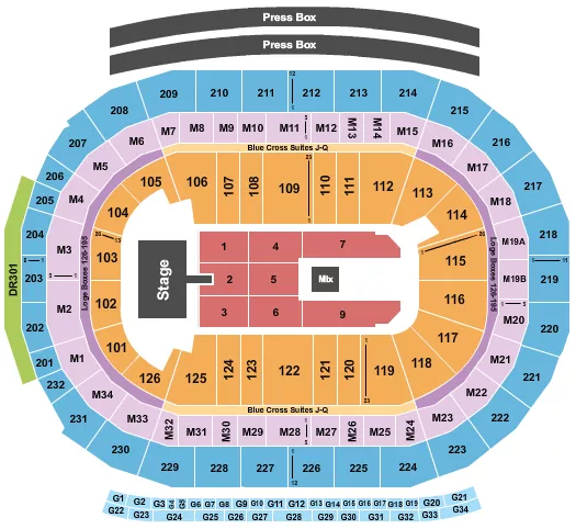 85 South Seating Chart at Little Caesars Arena. The chart shows the main floor/stage with seating options surrounding it, which are color coded