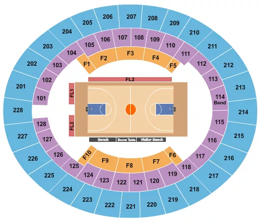 Basketball 2 Seating Chart at Lloyd Noble Center. The chart shows the main floor/stage with seating options surrounding it, which are color coded