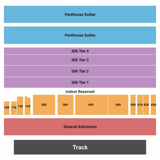 Racing Seating Chart at Lone Star Park. The chart shows the main floor/stage with seating options surrounding it, which are color coded