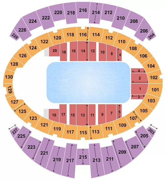 Disney On Ice Seating Chart at Long Beach Arena at Long Beach Convention Center. The chart shows the main floor/stage with seating options surrounding it, which are color coded