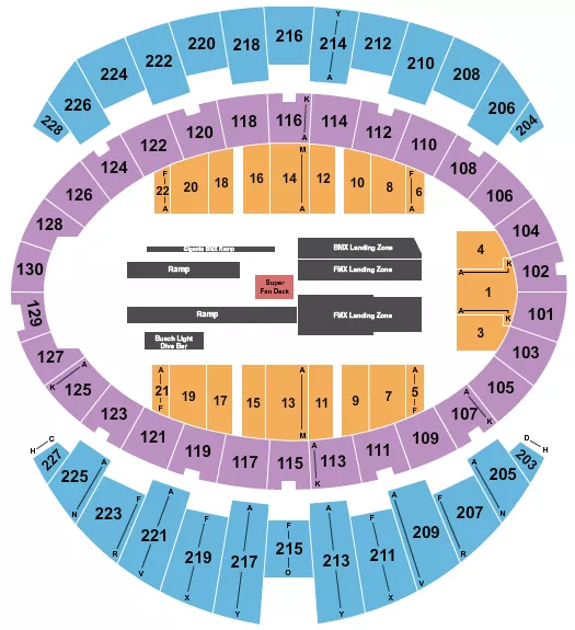 Nitro Circus Seating Chart at Long Beach Arena at Long Beach Convention Center. The chart shows the main floor/stage with seating options surrounding it, which are color coded
