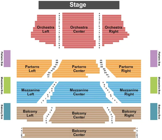 End Stage Seating Chart at Long Center for the Performing Arts. The chart shows the main floor/stage with seating options surrounding it, which are color coded