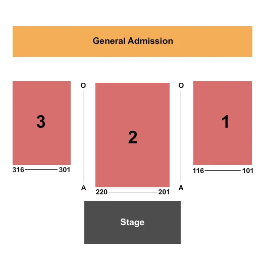 End Stage Seating Chart at Look Park Pines Theatre. The chart shows the main floor/stage with seating options surrounding it, which are color coded