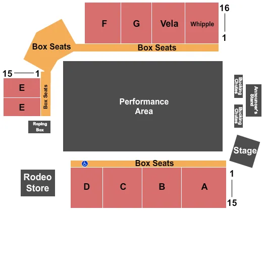 Rodeo Seating Chart at Los Fresnos Rodeo Grounds. The chart shows the main floor/stage with seating options surrounding it, which are color coded