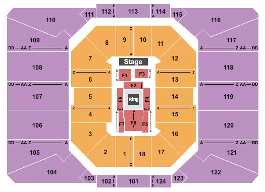 Boxing Seating Chart at Louis Armstrong Stadium. The chart shows the main floor/stage with seating options surrounding it, which are color coded