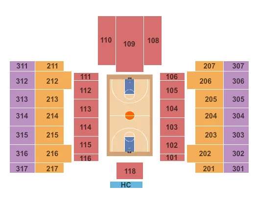 Basketball Seating Chart at Jersey Mike's Arena. The chart shows the main floor/stage with seating options surrounding it, which are color coded