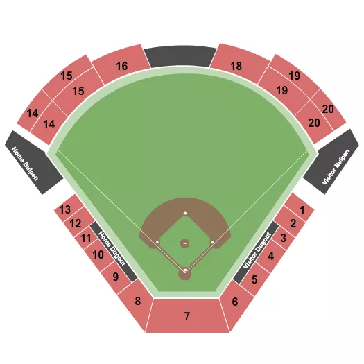 Softball Seating Chart at Love's Field . The chart shows the main floor/stage with seating options surrounding it, which are color coded