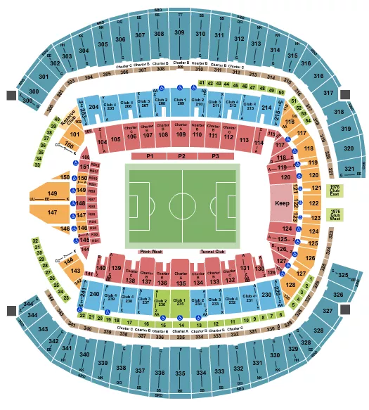 Soccer 2 Seating Chart at Lumen Field. The chart shows the main floor/stage with seating options surrounding it, which are color coded