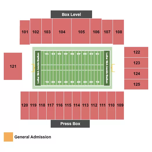 Football Seating Chart at Luther Nick Jeralds Stadium - Fayetteville State University. The chart shows the main floor/stage with seating options surrounding it, which are color coded