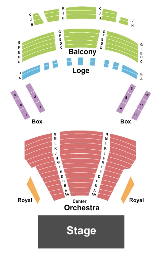Endstage Seating Chart at The Lyric Theatre. The chart shows the main floor/stage with seating options surrounding it, which are color coded