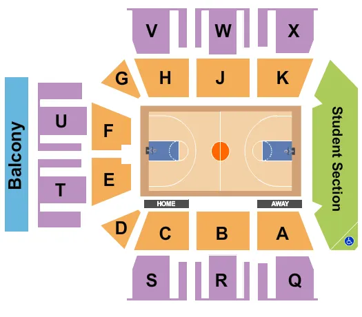 Basketball Seating Chart at OceanFirst Bank Center. The chart shows the main floor/stage with seating options surrounding it, which are color coded