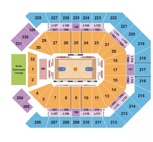 Basketball - Crown Seating Chart at MGM Grand Garden Arena. The chart shows the main floor/stage with seating options surrounding it, which are color coded