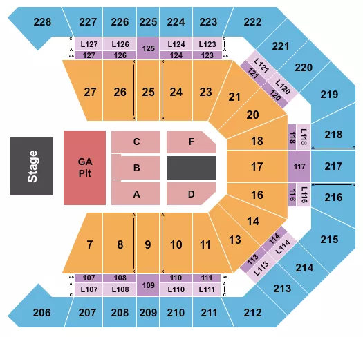 Endstage - GA Pit Seating Chart at MGM Grand Garden Arena. The chart shows the main floor/stage with seating options surrounding it, which are color coded