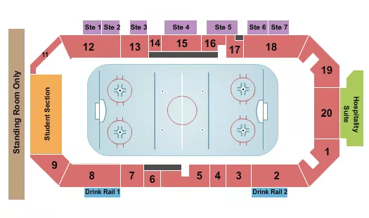 Hockey Seating Chart at M&T Bank Center. The chart shows the main floor/stage with seating options surrounding it, which are color coded