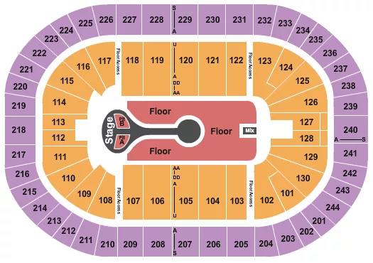 Benson Boone Seating Chart at MVP Arena. The chart shows the main floor/stage with seating options surrounding it, which are color coded