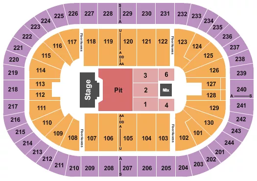 Billy Strings Seating Chart at MVP Arena. The chart shows the main floor/stage with seating options surrounding it, which are color coded