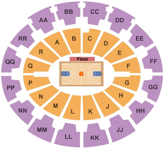 Basketball Seating Chart at Mabee Center. The chart shows the main floor/stage with seating options surrounding it, which are color coded