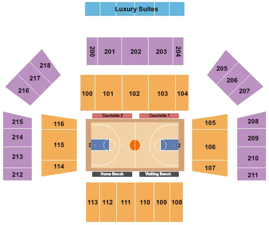 Basketball Seating Chart at Mack Sports and Exhibition Complex. The chart shows the main floor/stage with seating options surrounding it, which are color coded