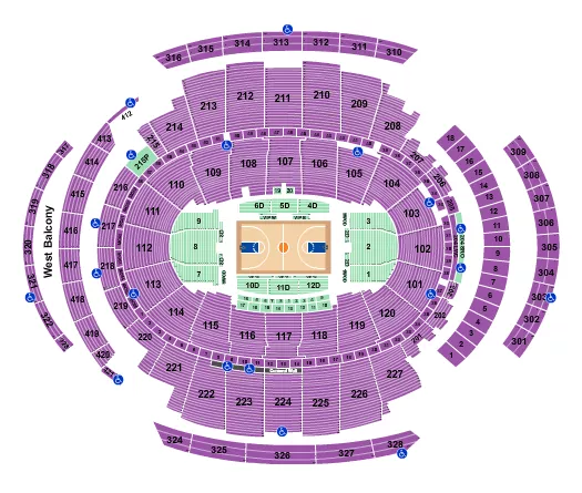 Basketball Rows Seating Chart at Madison Square Garden. The chart shows the main floor/stage with seating options surrounding it, which are color coded