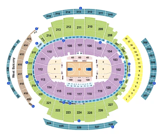 Basketball Rows Seating Chart at Madison Square Garden. The chart shows the main floor/stage with seating options surrounding it, which are color coded