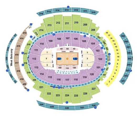 Basketball Rows Seating Chart at Madison Square Garden. The chart shows the main floor/stage with seating options surrounding it, which are color coded
