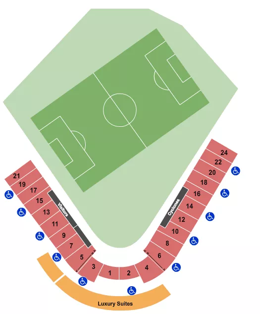 Soccer Seating Chart at Maimonides Park. The chart shows the main floor/stage with seating options surrounding it, which are color coded