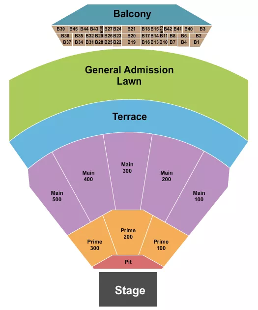 Endstage 2 Seating Chart at TD Pavilion at The Mann Center. The chart shows the main floor/stage with seating options surrounding it, which are color coded