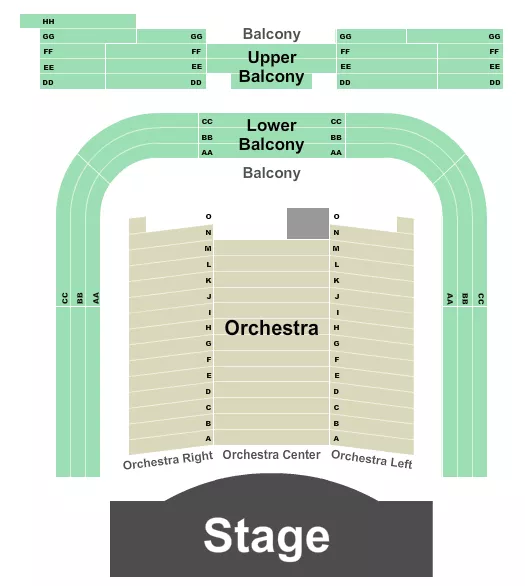 Endstage 4 Seating Chart at Manuel Artime Performing Arts Center. The chart shows the main floor/stage with seating options surrounding it, which are color coded