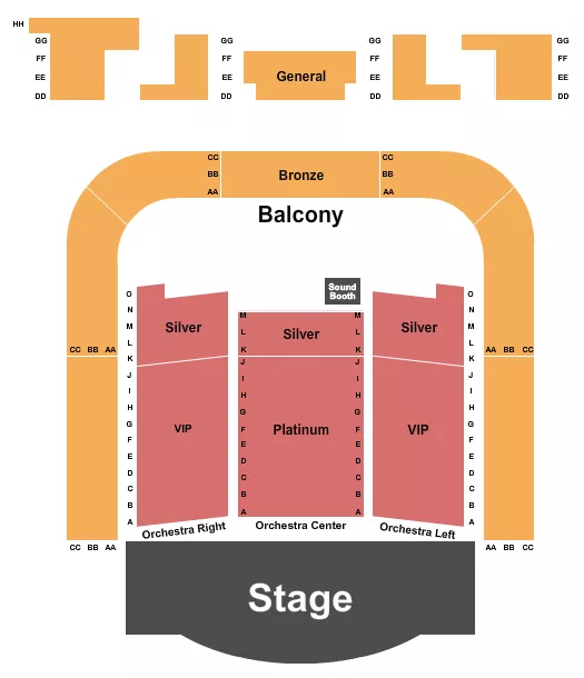 Endstage 6 Seating Chart at Manuel Artime Performing Arts Center. The chart shows the main floor/stage with seating options surrounding it, which are color coded