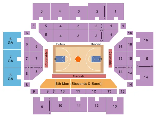 Basketball Seating Chart at Maples Pavilion. The chart shows the main floor/stage with seating options surrounding it, which are color coded