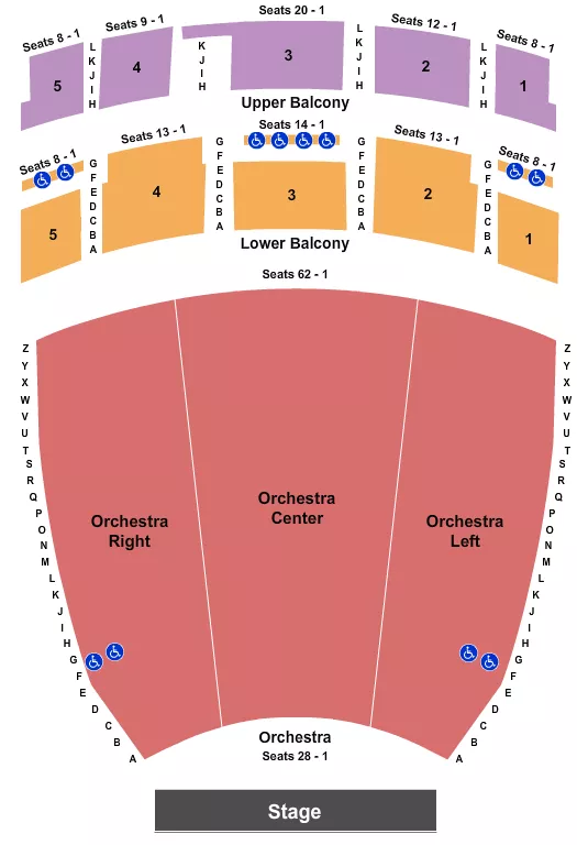 Endstage No Pit Seating Chart at Mark C. Smith Concert Hall at the Von Braun Center. The chart shows the main floor/stage with seating options surrounding it, which are color coded