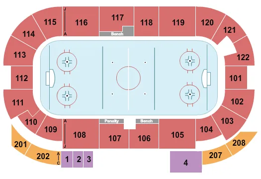 Hockey Seating Chart at Martire Family Arena At Sacred Heart University. The chart shows the main floor/stage with seating options surrounding it, which are color coded