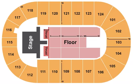 Bryan Adams Seating Chart at Mary Brown's Centre. The chart shows the main floor/stage with seating options surrounding it, which are color coded