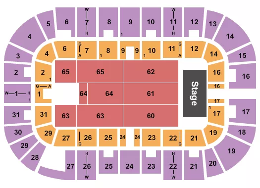 Endstage 2 Seating Chart at Massmutual Center. The chart shows the main floor/stage with seating options surrounding it, which are color coded