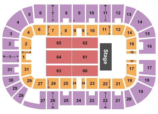 Endstage 4 Seating Chart at Massmutual Center. The chart shows the main floor/stage with seating options surrounding it, which are color coded