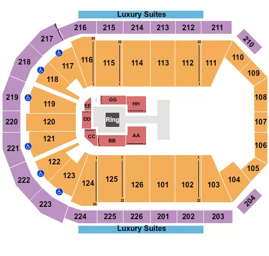 AEW Seating Chart at Maverik Center. The chart shows the main floor/stage with seating options surrounding it, which are color coded